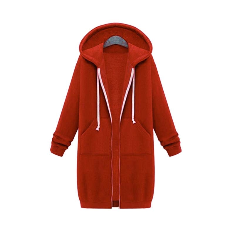 Longline Zip Hoodie for Women, Cozy Midweight Fabric, Drawstring Hood, Extended Length, Front Patch Pockets, Casual Layering Piece