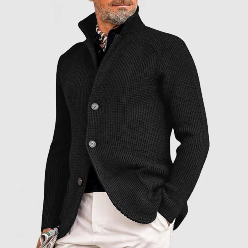 Men's Black Cardigan - Classic Knitted Button-Up Sweater with Pockets for Elegant Style