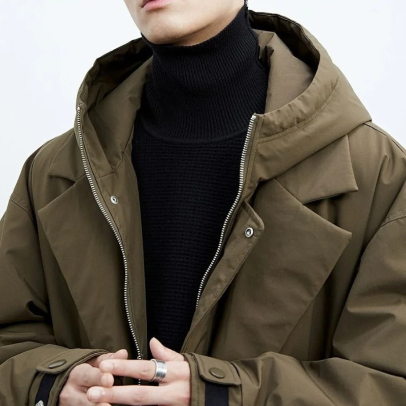 Men's Long Waterproof Puffer Trench Coat with Hood, Insulated Weather Protection for Cold and Rain