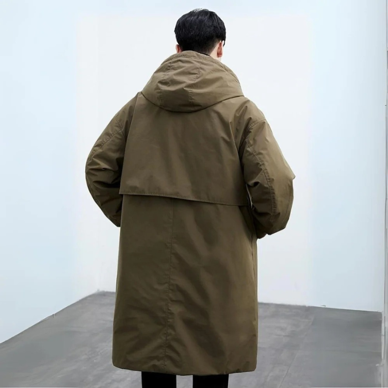 Men's Long Waterproof Puffer Trench Coat with Hood, Insulated Weather Protection for Cold and Rain