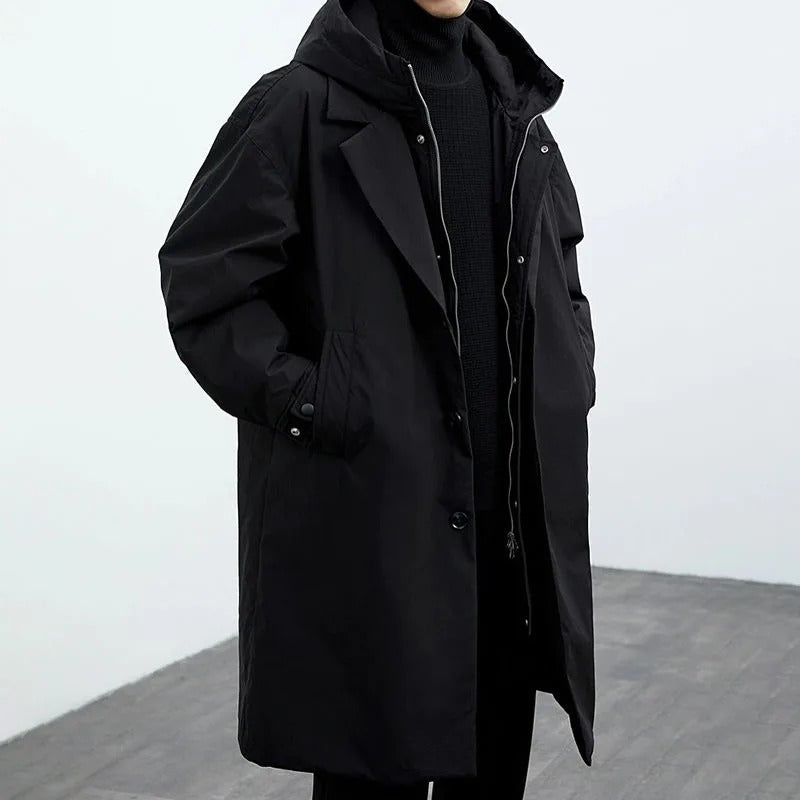 Men's Long Waterproof Puffer Trench Coat with Hood, Insulated Weather Protection for Cold and Rain