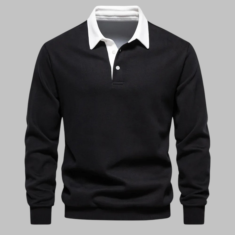 Men's Premium Cotton Polo Collar Sweater – Long Sleeve, Button Placket, Stylish Ribbed Cuffs and Hem, Comfortable Everyday Wear