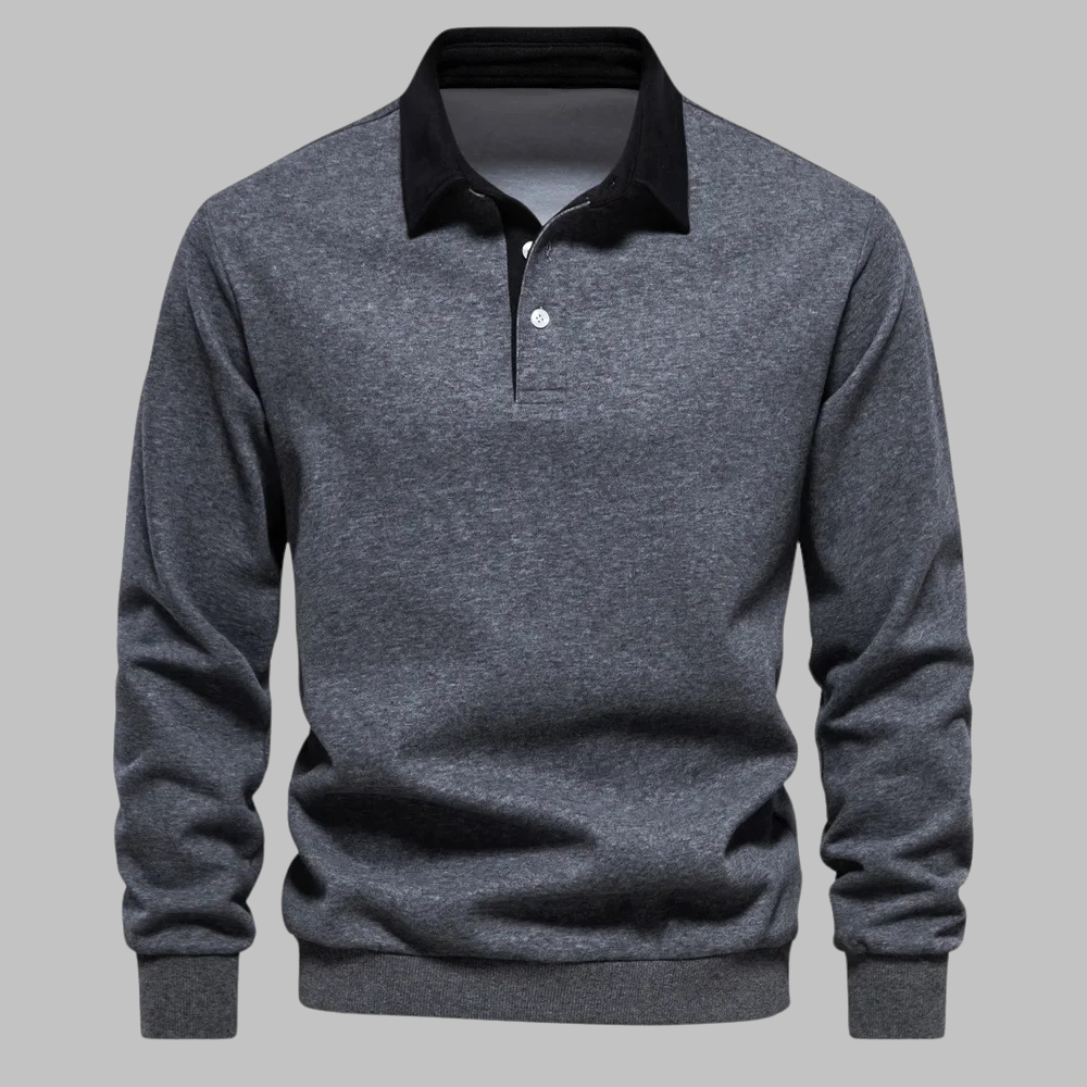 Men's Premium Cotton Polo Collar Sweater – Long Sleeve, Button Placket, Stylish Ribbed Cuffs and Hem, Comfortable Everyday Wear