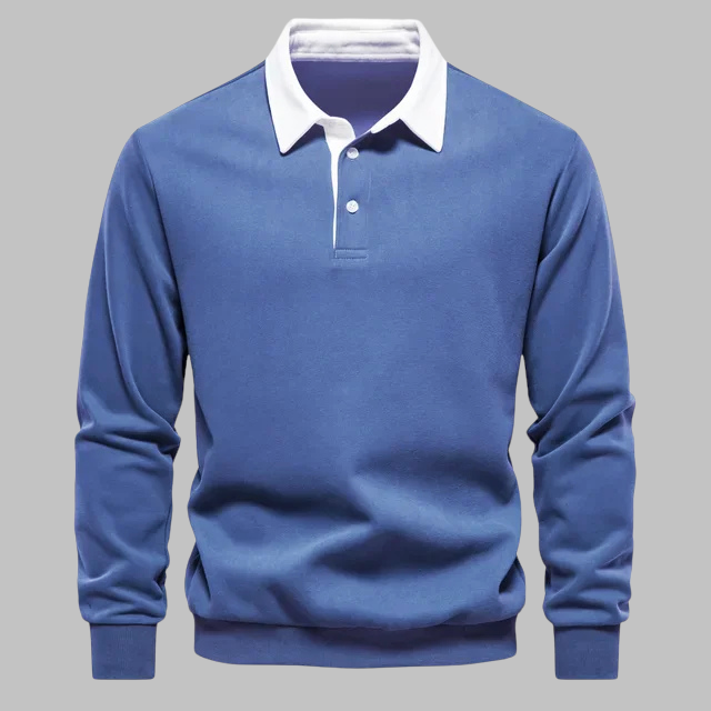 Men's Premium Cotton Polo Collar Sweater – Long Sleeve, Button Placket, Stylish Ribbed Cuffs and Hem, Comfortable Everyday Wear