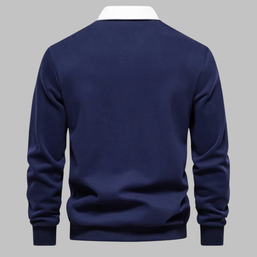 Men's Premium Cotton Polo Collar Sweater – Long Sleeve, Button Placket, Stylish Ribbed Cuffs and Hem, Comfortable Everyday Wear