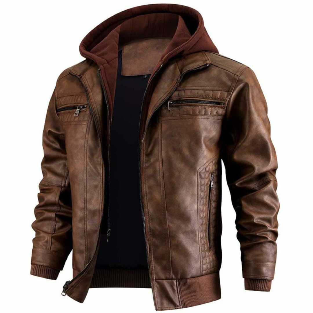 Men's Vintage Motorcycle Jacket, Multi-Pocket Crocheted Design, Lightweight Polyester Blend for Spring and Autumn
