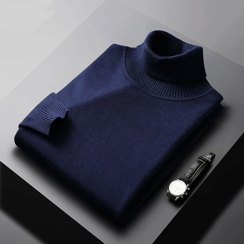 Men's Wool Blend Turtleneck Sweater – Classic Long Sleeve Pullover with Ribbed Cuffs and Hem