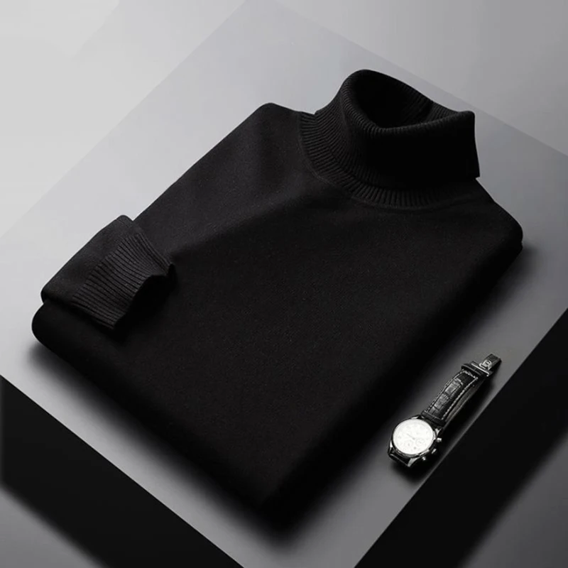 Men's Wool Blend Turtleneck Sweater – Classic Long Sleeve Pullover with Ribbed Cuffs and Hem