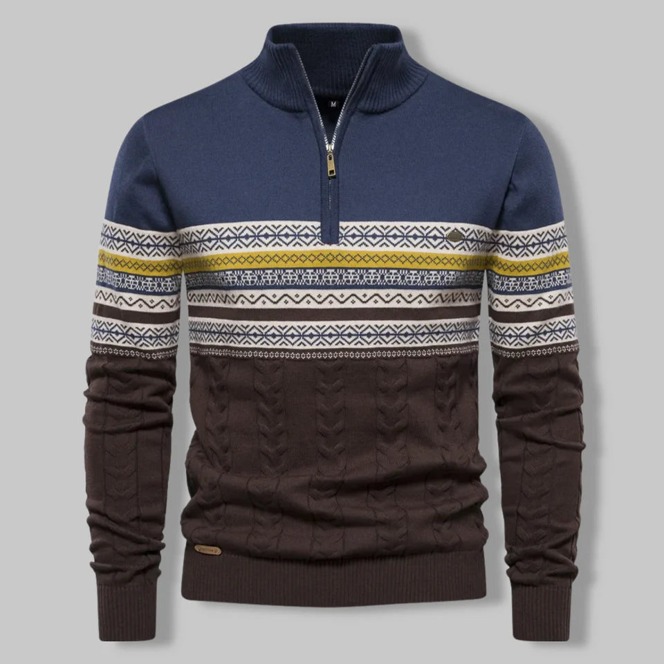 Oslo Quarter Zip Sweater for Men – Nordic-Inspired Slim Fit Cable-Knit Design in Two-Tone Cotton Blend