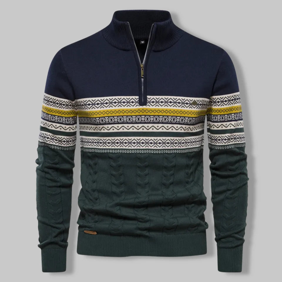 Oslo Quarter Zip Sweater for Men – Nordic-Inspired Slim Fit Cable-Knit Design in Two-Tone Cotton Blend