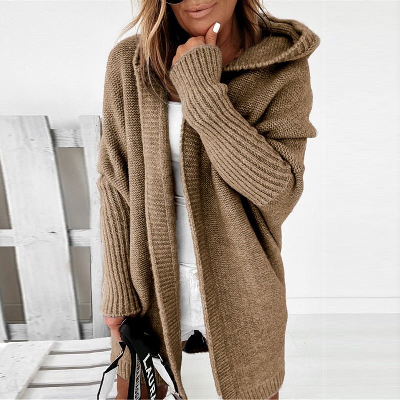 Oversized Hooded Knit Cardigan for Women - Soft Black Long Cardigan with Ribbed Cuffs and Open Front Design