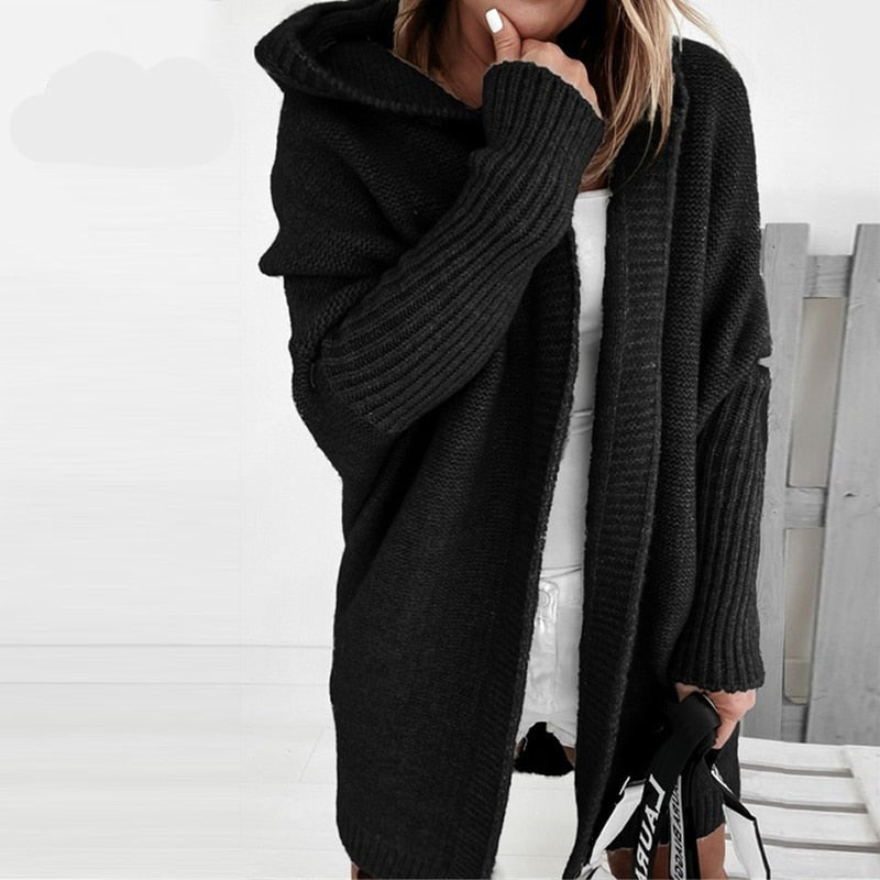 Oversized Hooded Knit Cardigan for Women - Soft Black Long Cardigan with Ribbed Cuffs and Open Front Design