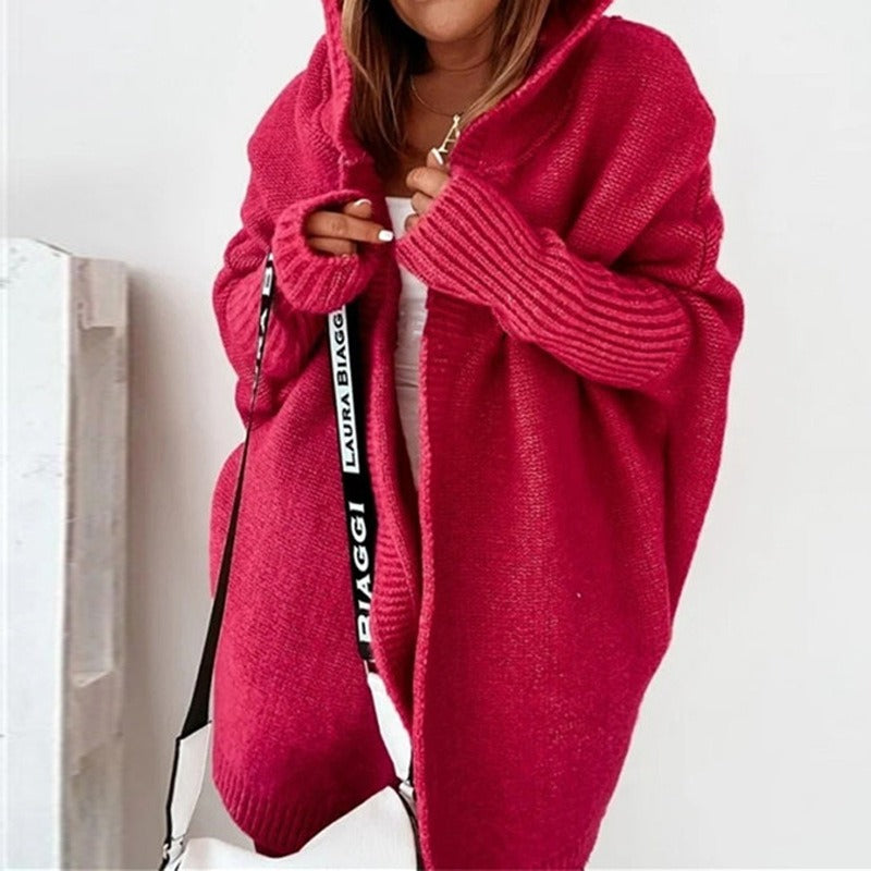 Oversized Hooded Knit Cardigan for Women - Soft Black Long Cardigan with Ribbed Cuffs and Open Front Design