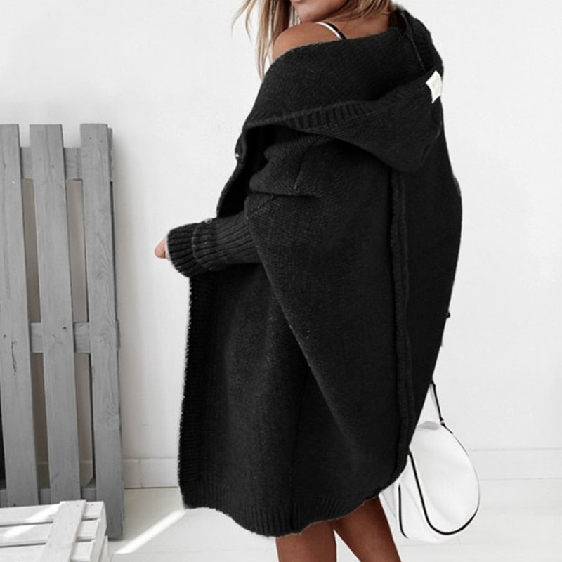Oversized Hooded Knit Cardigan for Women - Soft Black Long Cardigan with Ribbed Cuffs and Open Front Design