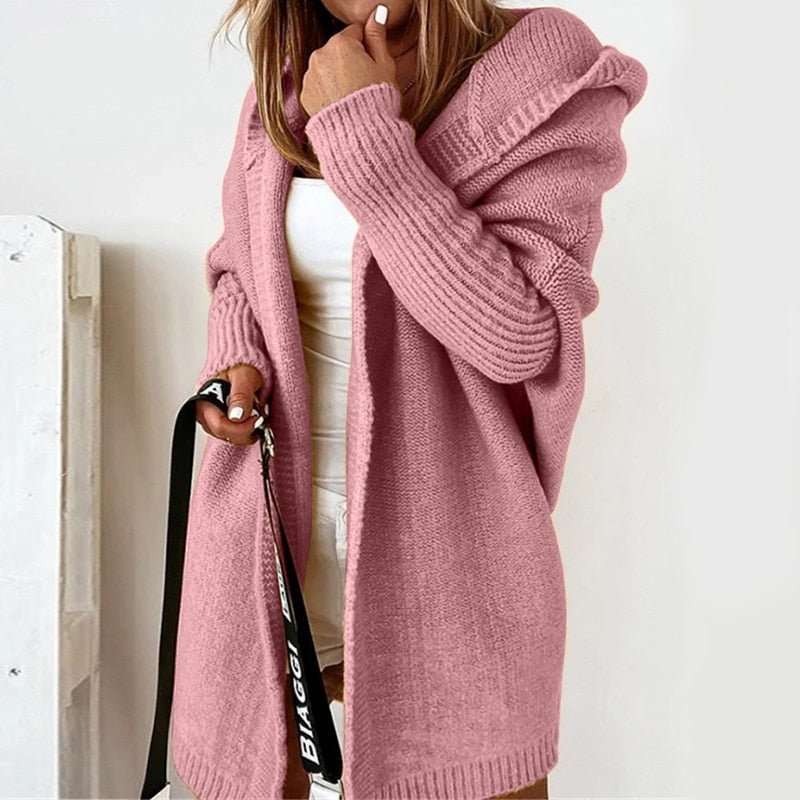 Oversized Hooded Knit Cardigan for Women - Soft Black Long Cardigan with Ribbed Cuffs and Open Front Design