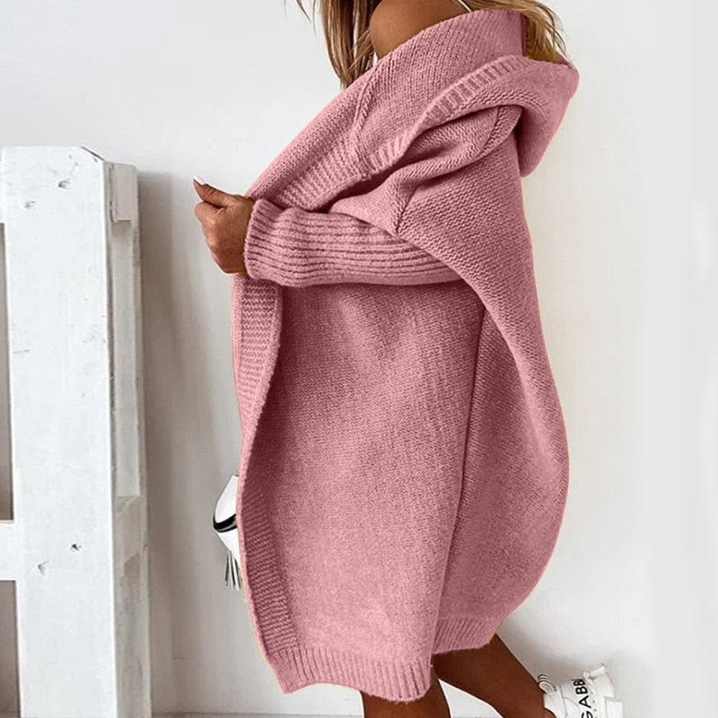 Oversized Hooded Knit Cardigan for Women - Soft Black Long Cardigan with Ribbed Cuffs and Open Front Design