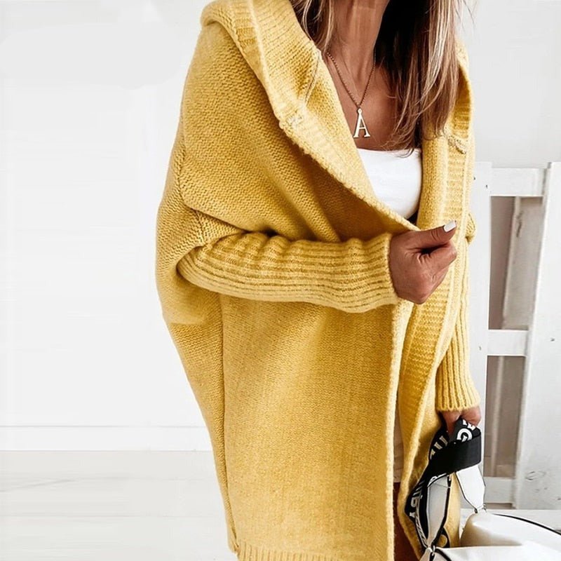 Oversized Hooded Knit Cardigan for Women - Soft Black Long Cardigan with Ribbed Cuffs and Open Front Design