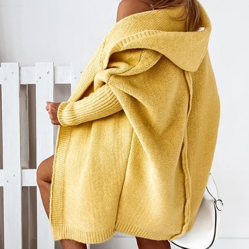 Oversized Hooded Knit Cardigan for Women - Soft Black Long Cardigan with Ribbed Cuffs and Open Front Design