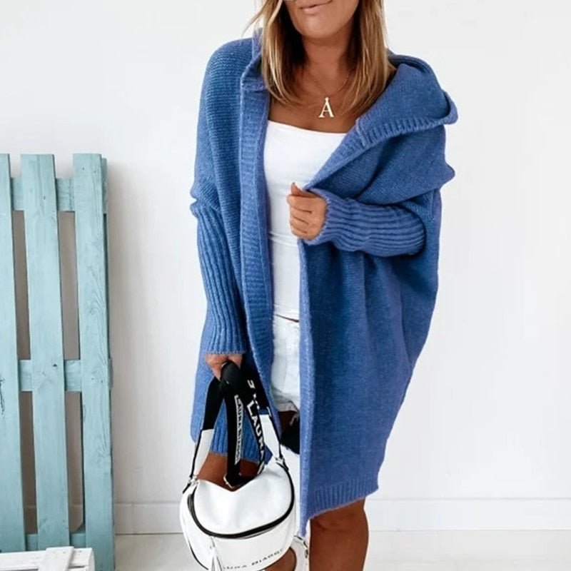 Oversized Hooded Knit Cardigan for Women - Soft Black Long Cardigan with Ribbed Cuffs and Open Front Design