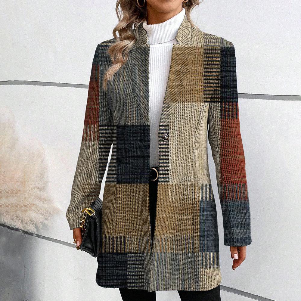 Plus Size Women's Blazer in Checked Pattern – Hip-Length Lapel Collar Jacket for Versatile Business and Casual Wear