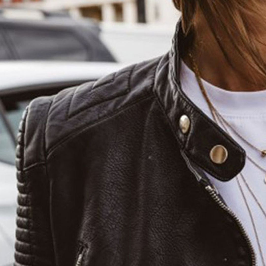 Stylish Women's Leather Biker Jacket with Ribbed Sleeves and Angled Zip Details - Edgy Moto Fit Outerwear