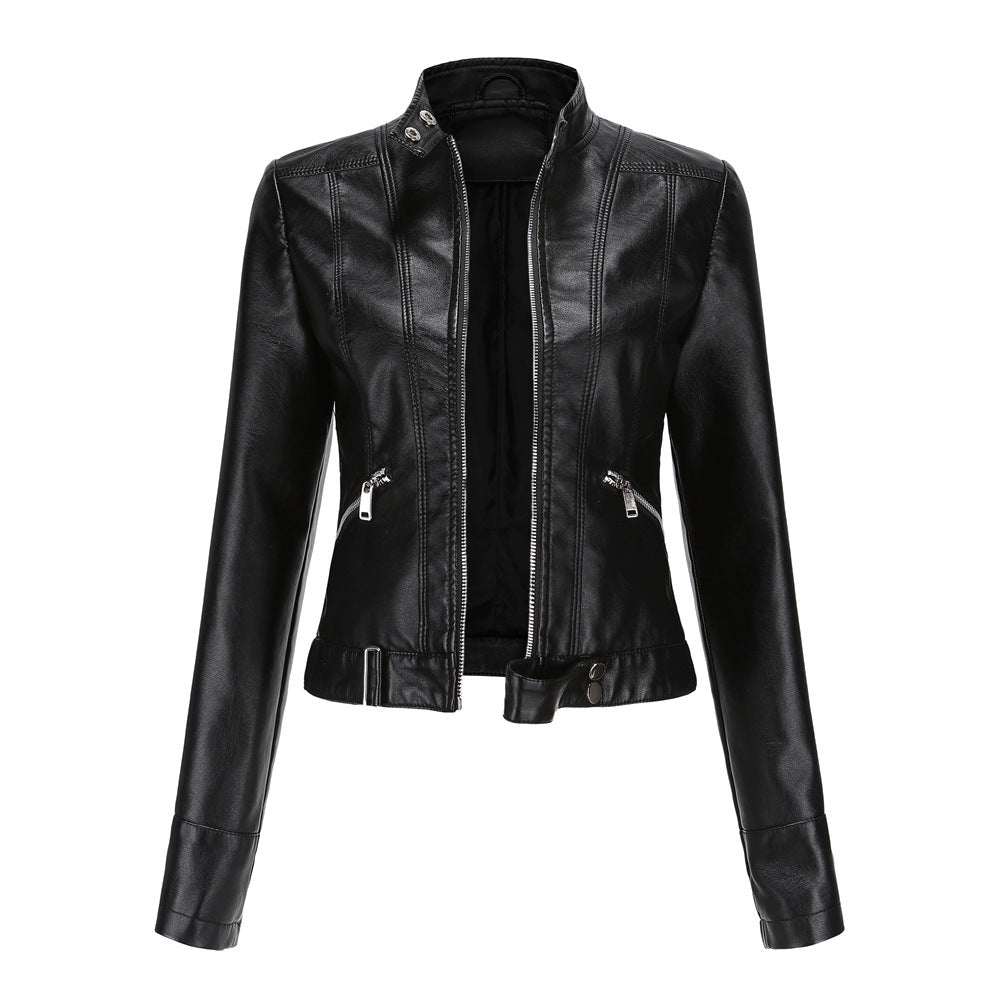 Stylish Women's Leather Jacket with High Collar and Belt - Fitted Zip-Up Outerwear with Side Pockets