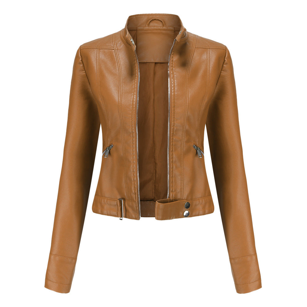 Stylish Women's Leather Jacket with High Collar and Belt - Fitted Zip-Up Outerwear with Side Pockets
