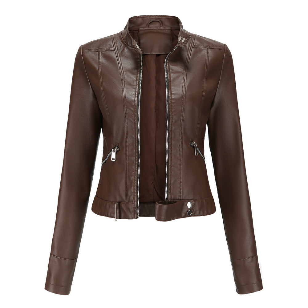 Stylish Women's Leather Jacket with High Collar and Belt - Fitted Zip-Up Outerwear with Side Pockets