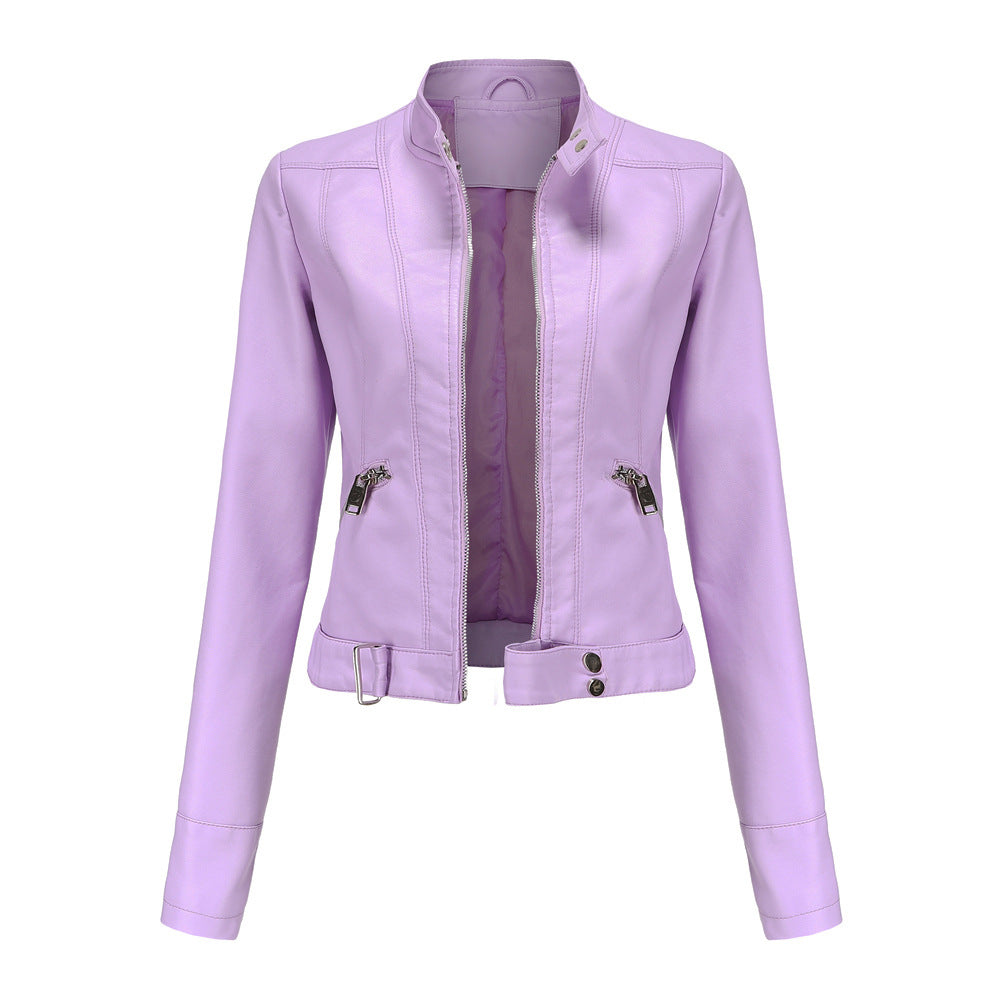 Stylish Women's Leather Jacket with High Collar and Belt - Fitted Zip-Up Outerwear with Side Pockets