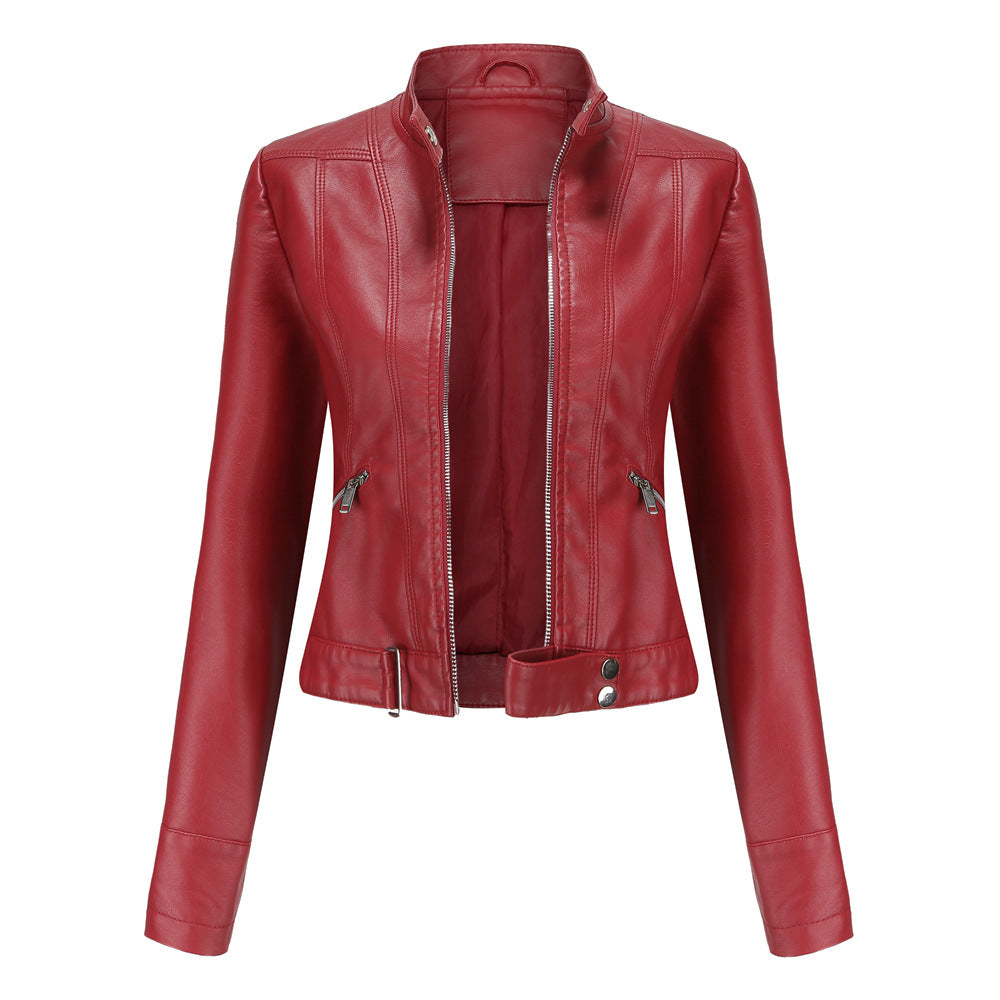 Stylish Women's Leather Jacket with High Collar and Belt - Fitted Zip-Up Outerwear with Side Pockets