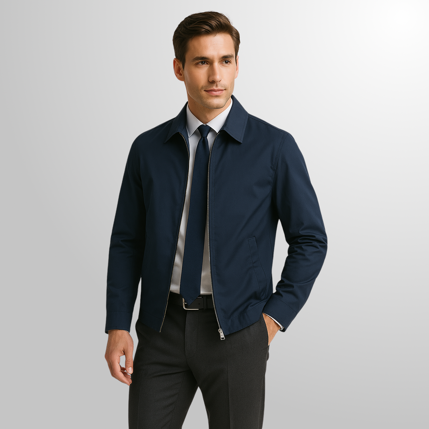 Tailored Jacket with Crisp Turn-Down Collar and Zip Front – Lightweight Polyester Blend for Versatile Style and Comfort