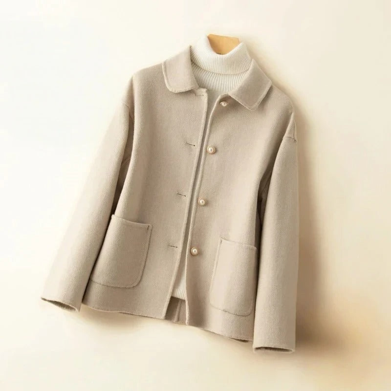 Women's Coat with Doll Collar, Short Elegant Design and Subtle Front Pockets