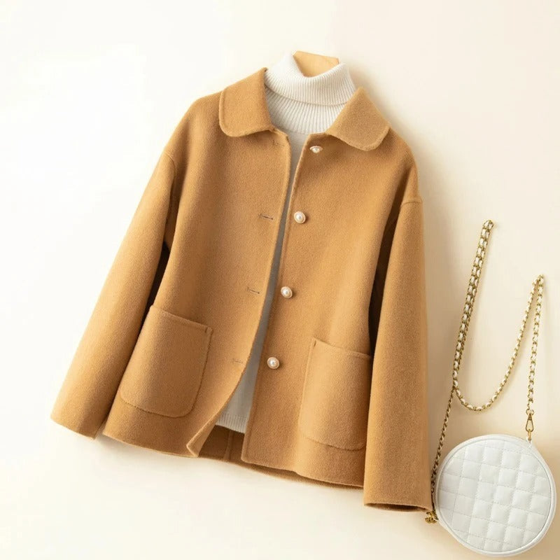 Women's Coat with Doll Collar, Short Elegant Design and Subtle Front Pockets