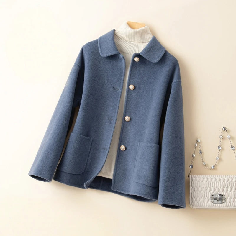 Women's Coat with Doll Collar, Short Elegant Design and Subtle Front Pockets