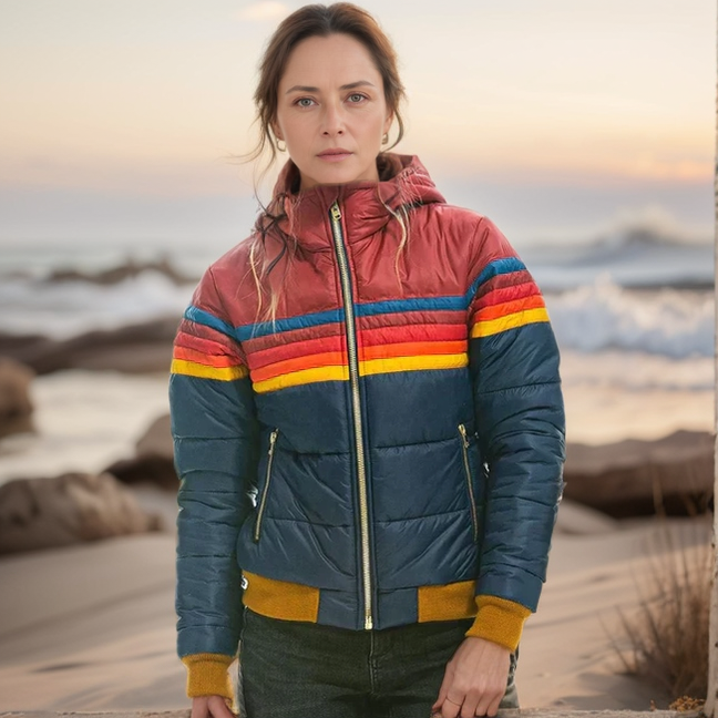 Women's Color Block Puffer Jacket - Stylish Warm Winter Coat for Casual Outdoor Wear