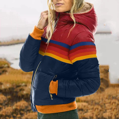 Women's Color Block Puffer Jacket - Stylish Warm Winter Coat for Casual Outdoor Wear