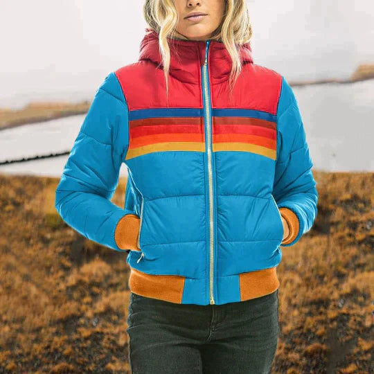 Women's Color Block Puffer Jacket - Stylish Warm Winter Coat for Casual Outdoor Wear