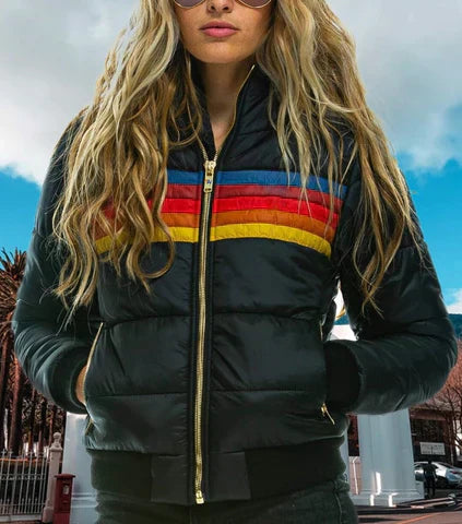Women's Color Block Puffer Jacket - Stylish Warm Winter Coat for Casual Outdoor Wear