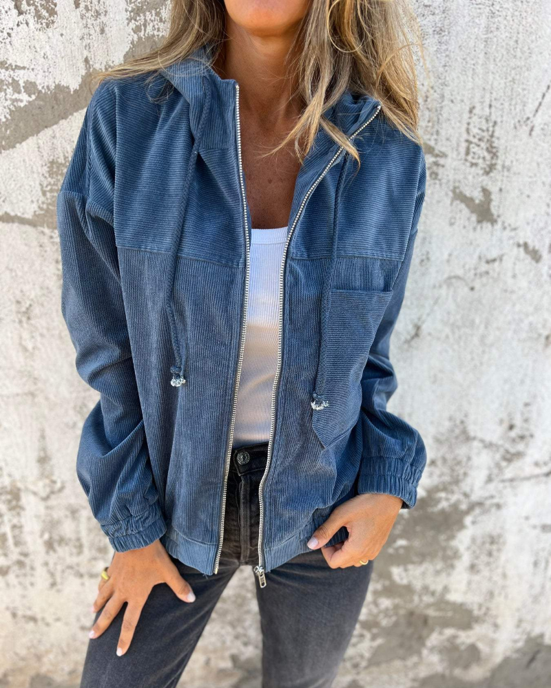 Women's Corduroy Jacket with Zip and Hood – Retro Casual Coat with Pockets for Everyday Wear