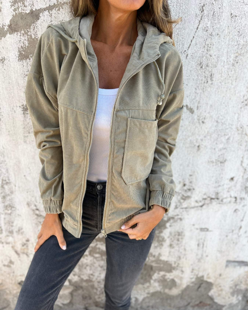 Women's Corduroy Jacket with Zip and Hood – Retro Casual Coat with Pockets for Everyday Wear