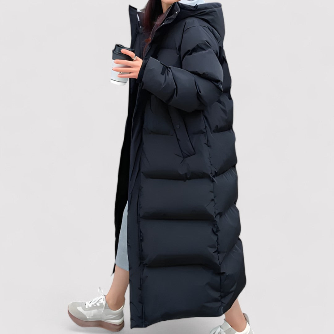 Women's Long Black Waterproof Puffer Jacket - Insulated Hooded Winter Coat for All-Weather Protection