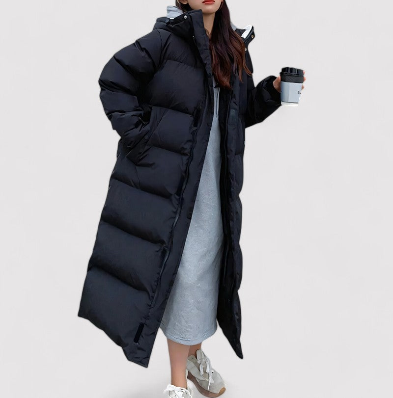 Women's Long Black Waterproof Puffer Jacket - Insulated Hooded Winter Coat for All-Weather Protection