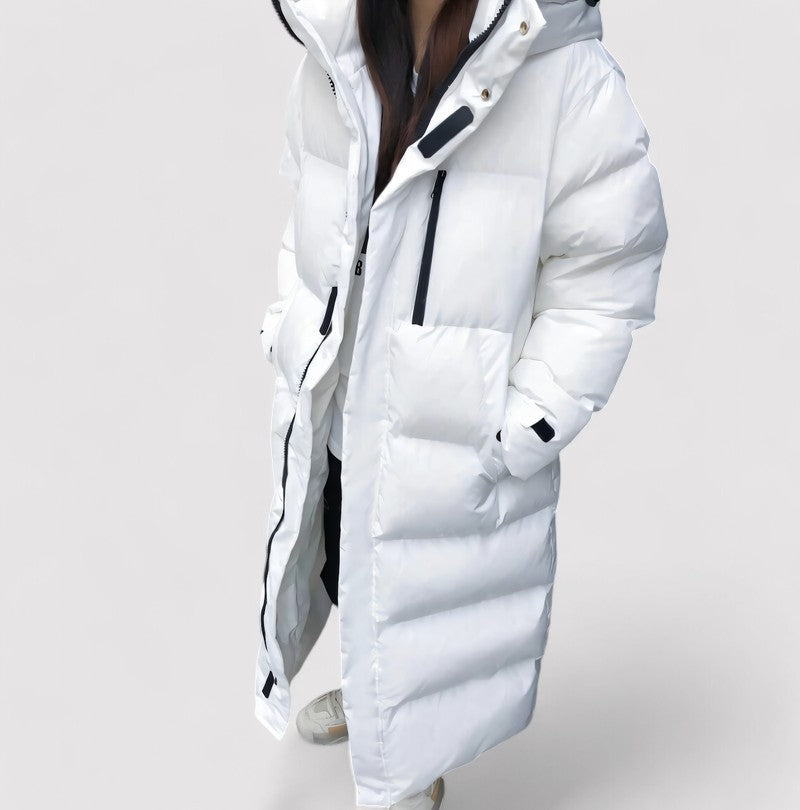 Women's Long Black Waterproof Puffer Jacket - Insulated Hooded Winter Coat for All-Weather Protection