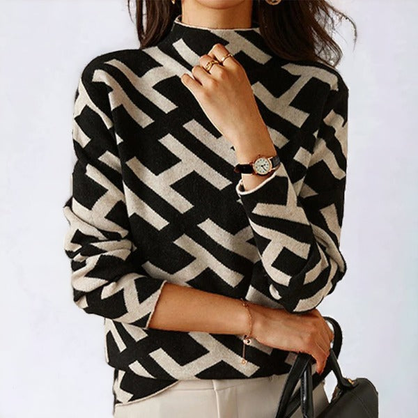 Women's Long Sleeve Geometric Knit Top in Soft Stretch Fabric – Casual Spring/Fall Style