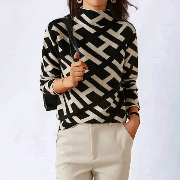 Women's Long Sleeve Geometric Knit Top in Soft Stretch Fabric – Casual Spring/Fall Style