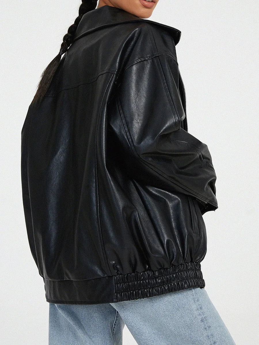 Women's Oversized Leather Bomber Jacket with Zipper Front – Casual Street Style Coats for Effortless Layering