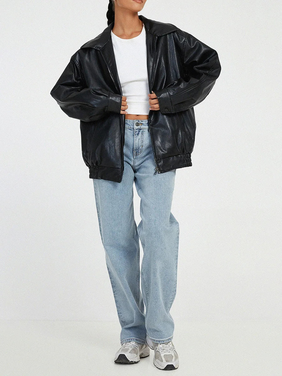 Women's Oversized Leather Bomber Jacket with Zipper Front – Casual Street Style Coats for Effortless Layering