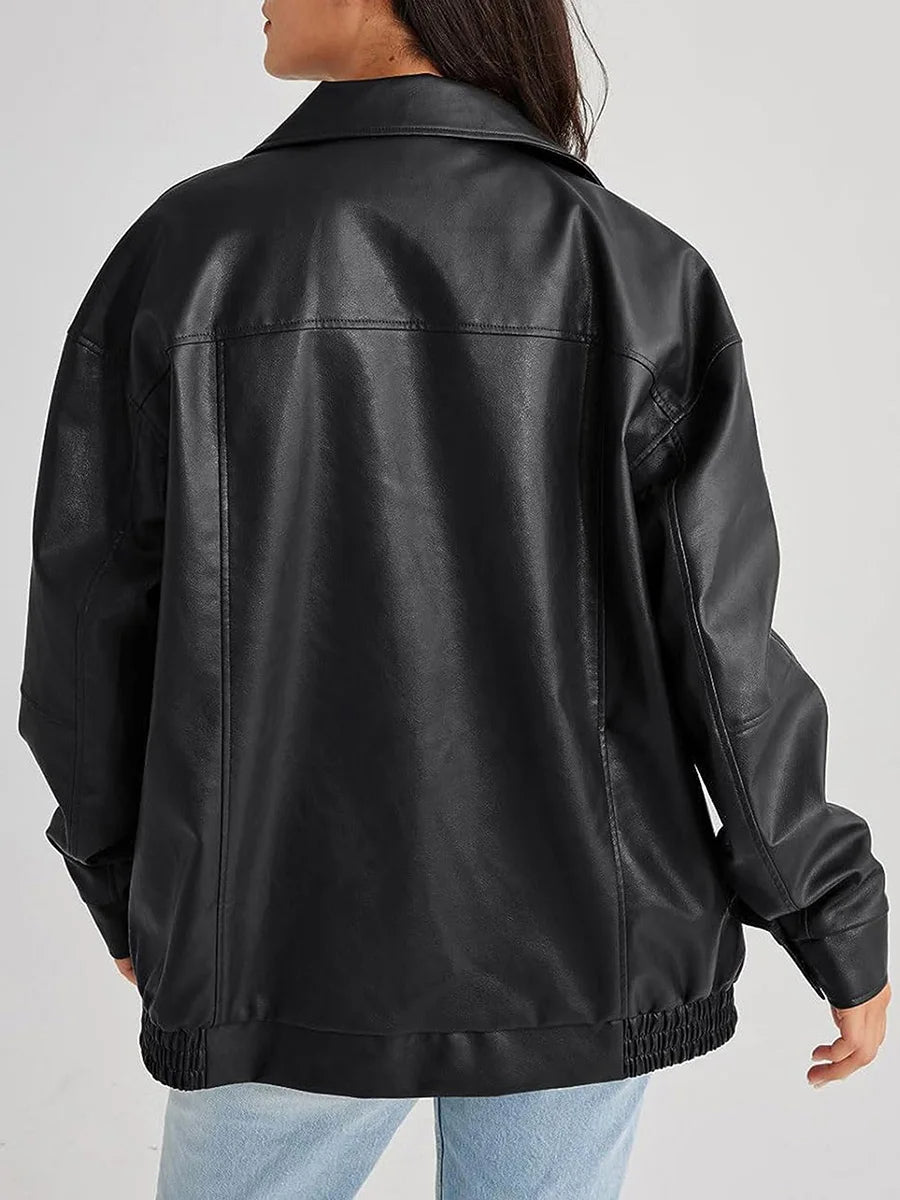 Women's Oversized Leather Bomber Jacket with Zipper Front – Casual Street Style Coats for Effortless Layering