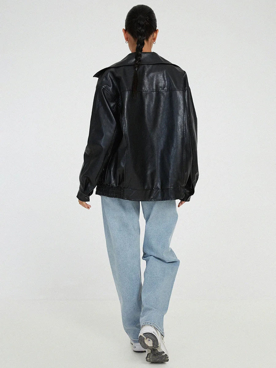 Women's Oversized Leather Bomber Jacket with Zipper Front – Casual Street Style Coats for Effortless Layering