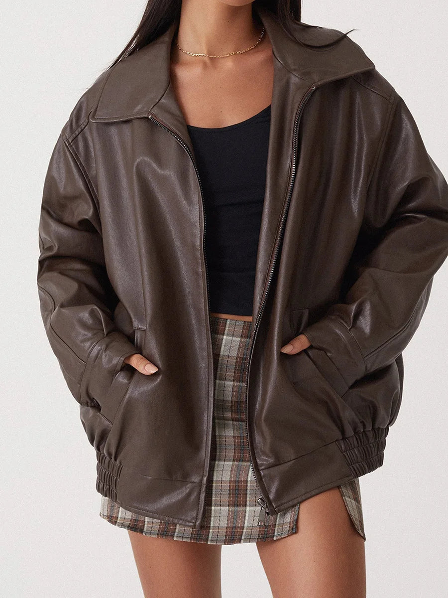 Women's Oversized Leather Bomber Jacket with Zipper Front – Casual Street Style Coats for Effortless Layering